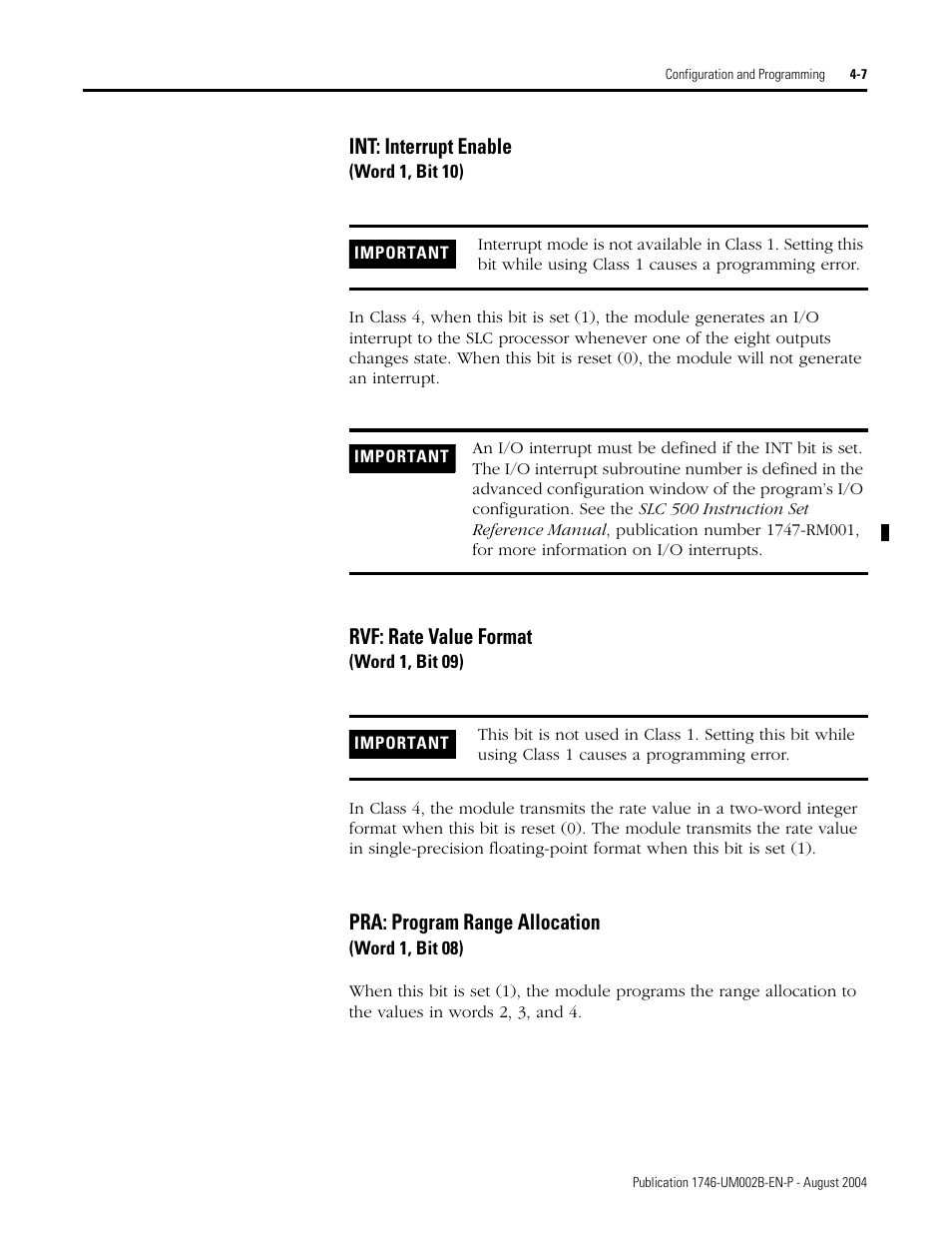 Int: interrupt enable, Rvf: rate value format, Pra: program range allocation | Rockwell Automation 1746-HSCE2 Multi-Channel High Speed Counter Module User Manual | Page 57 / 140