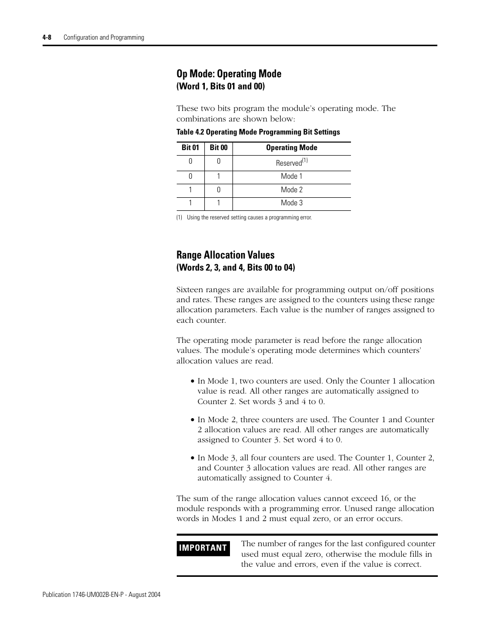 Op mode: operating mode, Range allocation values | Rockwell Automation 1746-HSCE2 Multi-Channel High Speed Counter Module User Manual | Page 58 / 140