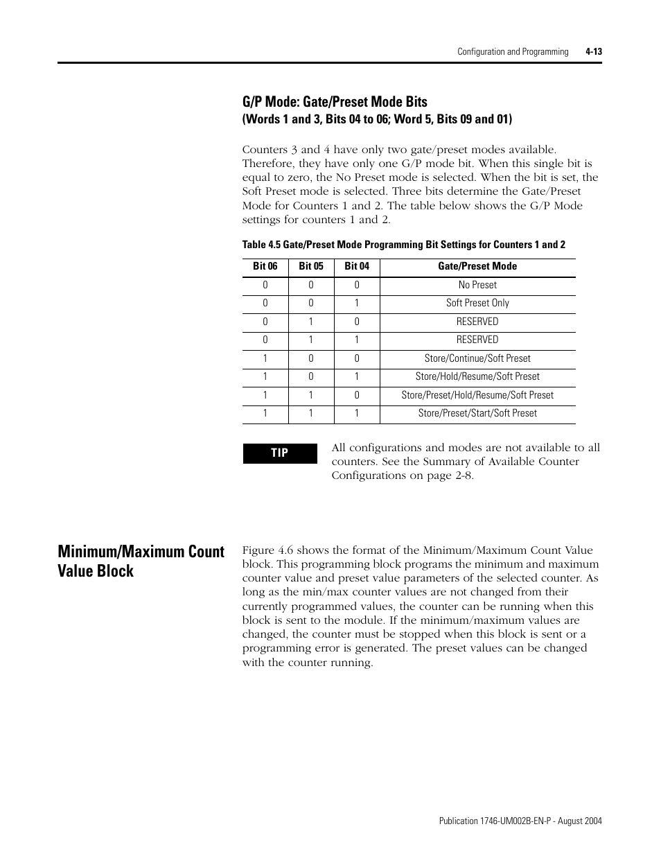 Minimum/maximum count value block, G/p mode: gate/preset mode bits -13, Minimum/maximum count value block -13 | G/p mode: gate/preset mode bits | Rockwell Automation 1746-HSCE2 Multi-Channel High Speed Counter Module User Manual | Page 63 / 140