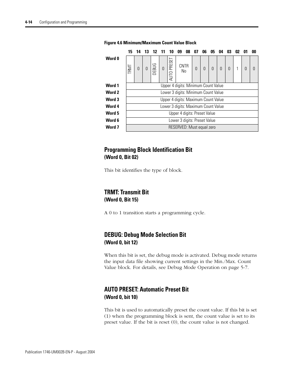 Programming block identification bit, Trmt: transmit bit, Debug: debug mode selection bit | Auto preset: automatic preset bit | Rockwell Automation 1746-HSCE2 Multi-Channel High Speed Counter Module User Manual | Page 64 / 140