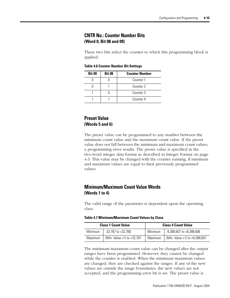 Cntr no.: counter number bits, Preset value, Minimum/maximum count value words | Rockwell Automation 1746-HSCE2 Multi-Channel High Speed Counter Module User Manual | Page 65 / 140