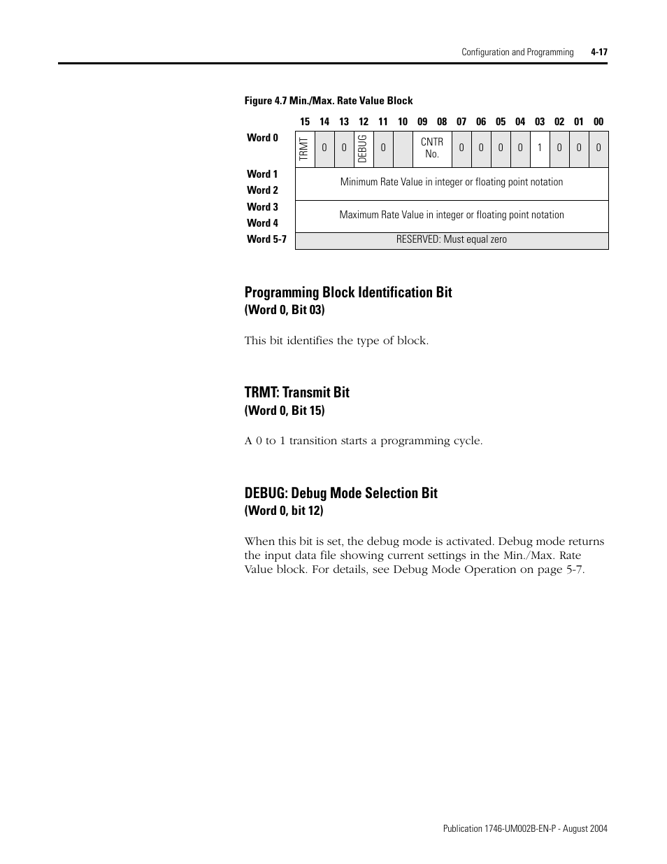 Programming block identification bit, Trmt: transmit bit, Debug: debug mode selection bit | Rockwell Automation 1746-HSCE2 Multi-Channel High Speed Counter Module User Manual | Page 67 / 140