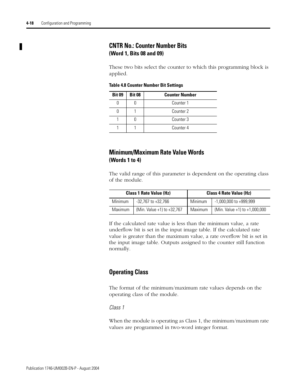 Cntr no.: counter number bits, Minimum/maximum rate value words, Operating class | Rockwell Automation 1746-HSCE2 Multi-Channel High Speed Counter Module User Manual | Page 68 / 140