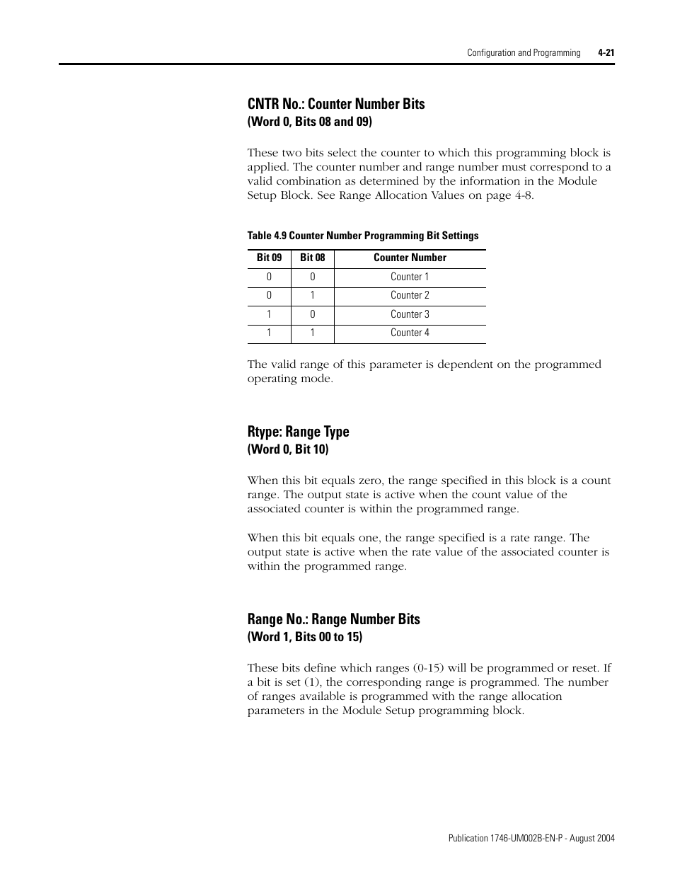 Cntr no.: counter number bits, Rtype: range type, Range no.: range number bits | Rockwell Automation 1746-HSCE2 Multi-Channel High Speed Counter Module User Manual | Page 71 / 140