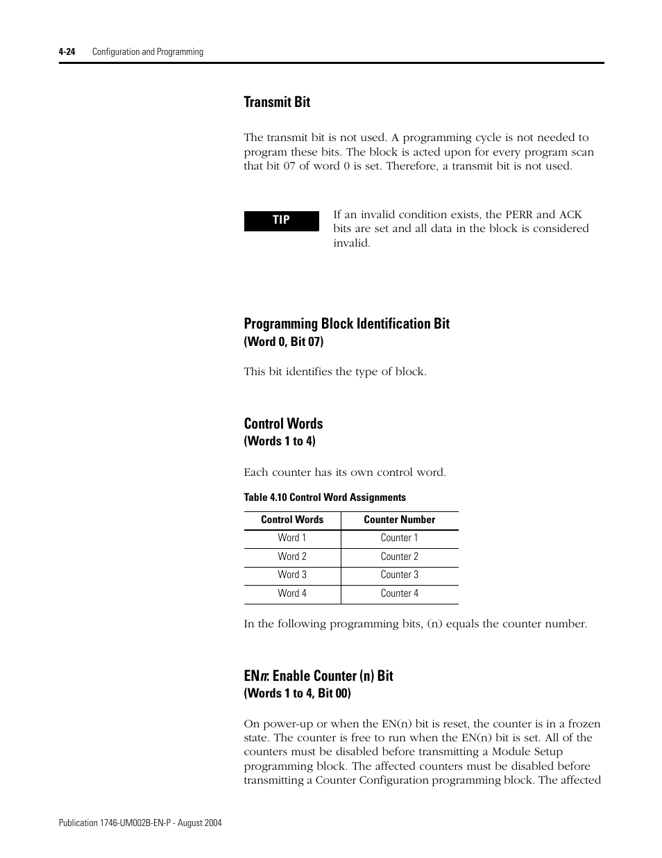 Transmit bit, Programming block identification bit, Control words | En n : enable counter (n) bit | Rockwell Automation 1746-HSCE2 Multi-Channel High Speed Counter Module User Manual | Page 74 / 140