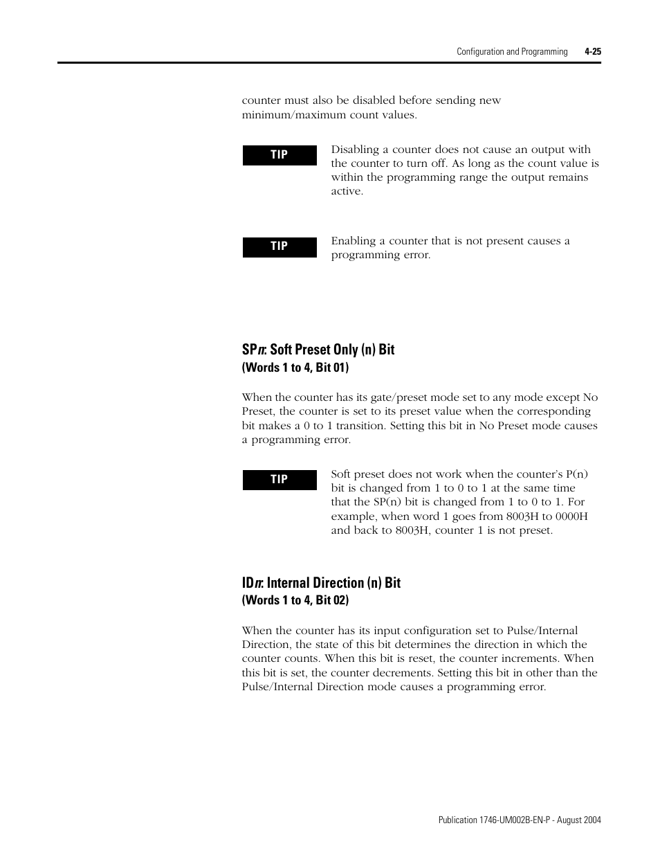 Sp n : soft preset only (n) bit, Id n : internal direction (n) bit | Rockwell Automation 1746-HSCE2 Multi-Channel High Speed Counter Module User Manual | Page 75 / 140