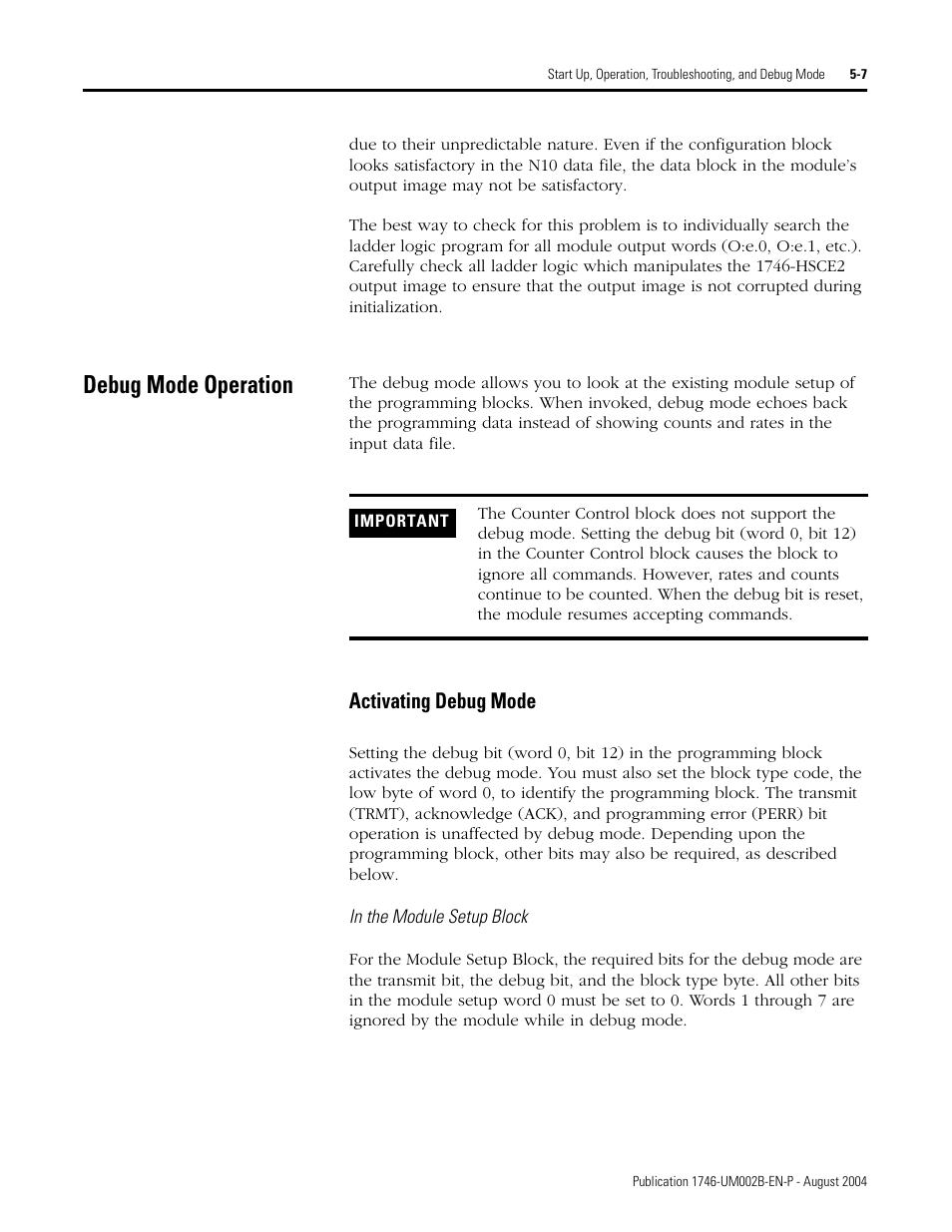 Debug mode operation, Debug mode operation -7, Activating debug mode -7 | Activating debug mode | Rockwell Automation 1746-HSCE2 Multi-Channel High Speed Counter Module User Manual | Page 89 / 140