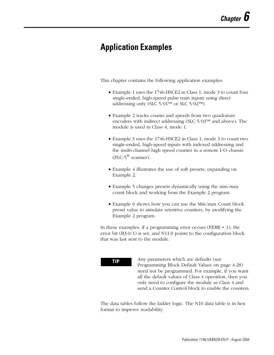 6 - application examples, Chapter 6, Application examples | Chapter | Rockwell Automation 1746-HSCE2 Multi-Channel High Speed Counter Module User Manual | Page 93 / 140