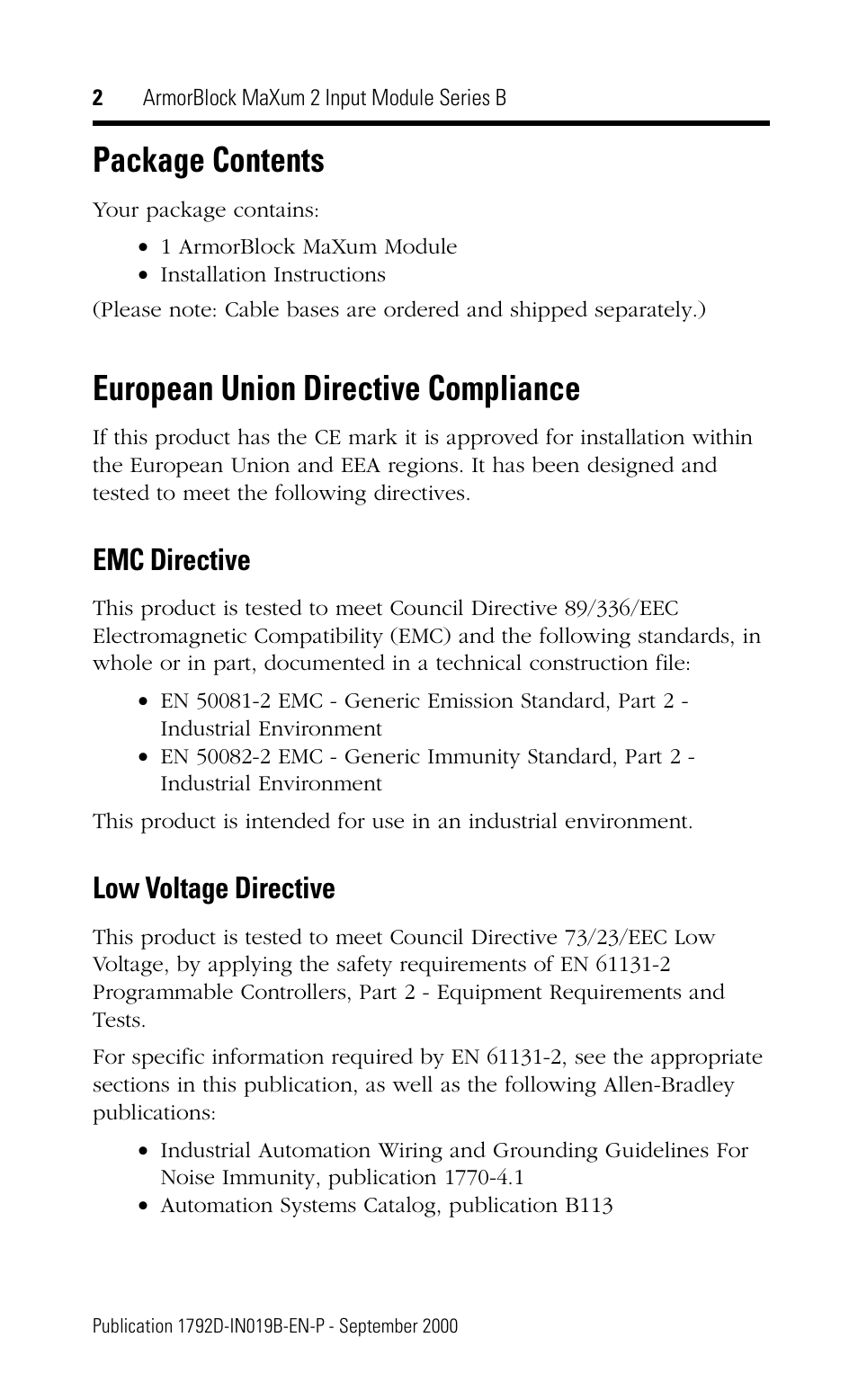 Package contents, European union directive compliance, Emc directive | Low voltage directive | Rockwell Automation 1792D-2BV0D ArmorBlock MaXum 2 Input Module Series B User Manual | Page 2 / 16