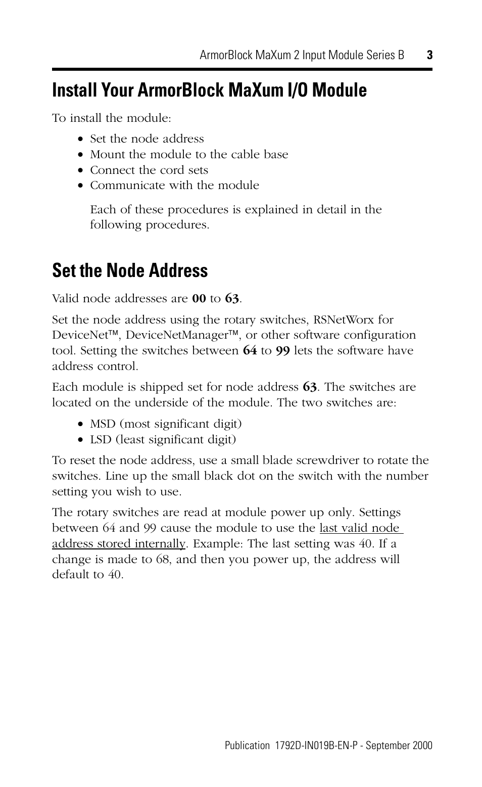 Install your armorblock maxum i/o module, Set the node address | Rockwell Automation 1792D-2BV0D ArmorBlock MaXum 2 Input Module Series B User Manual | Page 3 / 16