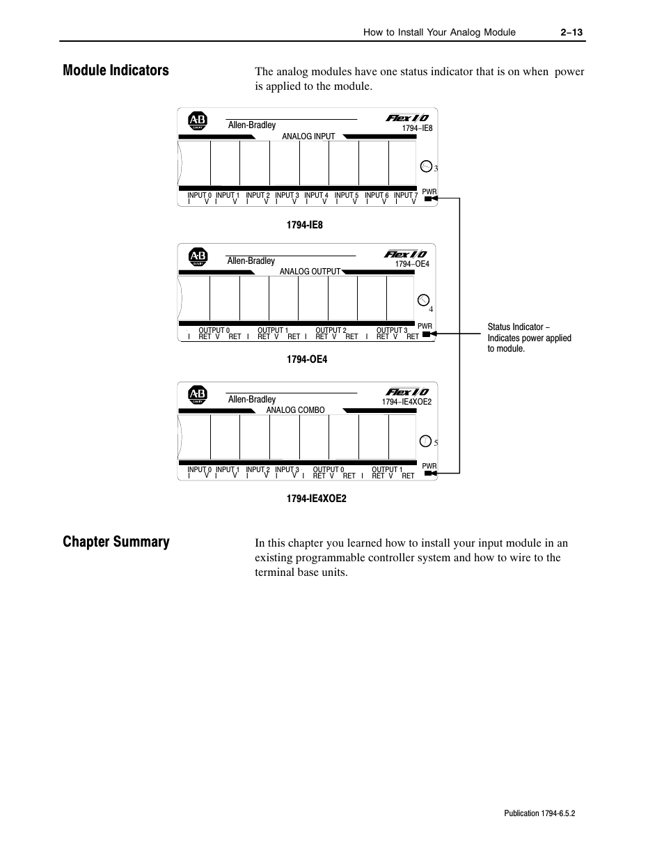 Module indicators, Chapter summary, 0rgxoh ,qglfdwruv &kdswhu 6xppdu | Rockwell Automation 1794-IE4XOE2,1794-IE8,1794-OE4,D17946.5.2 FLEX I/O ANALOG MODULE User Manual | Page 26 / 73