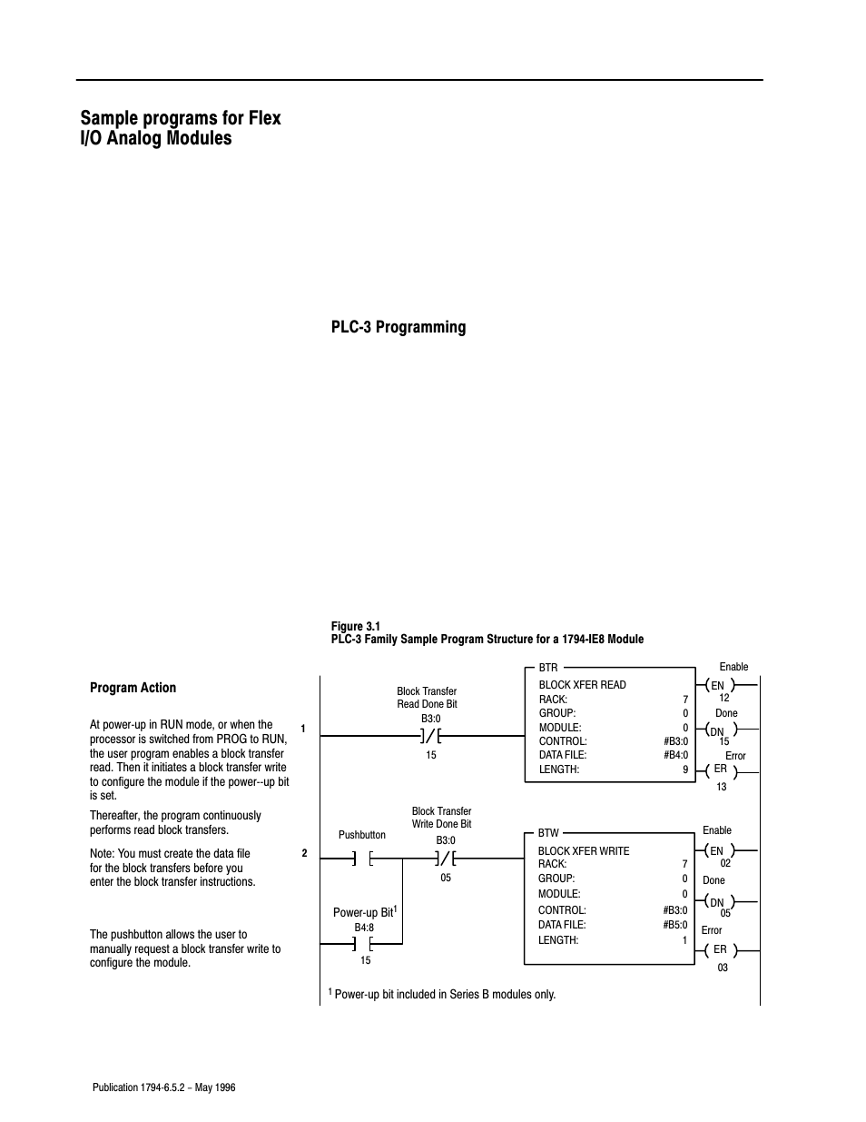 Sample programs for flex i/o analog modules, Plcć3 programming, Configure the module | Read data from the module | Rockwell Automation 1794-IE4XOE2,1794-IE8,1794-OE4,D17946.5.2 FLEX I/O ANALOG MODULE User Manual | Page 28 / 73