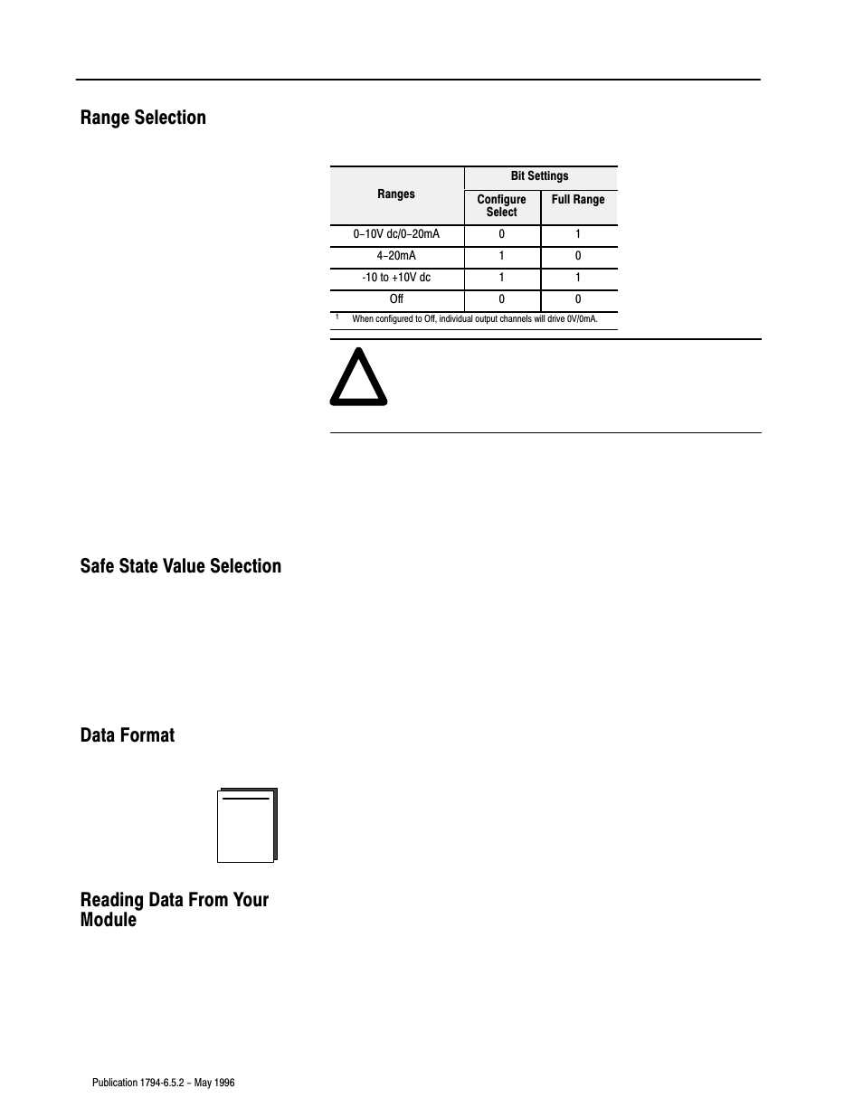 Range selection, Safe state value selection, Data format | Reading data from your module | Rockwell Automation 1794-IE4XOE2,1794-IE8,1794-OE4,D17946.5.2 FLEX I/O ANALOG MODULE User Manual | Page 34 / 73