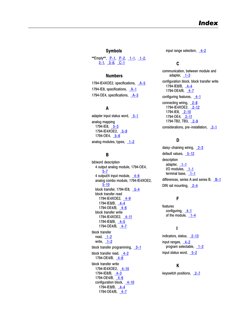 Index | Rockwell Automation 1794-IE4XOE2,1794-IE8,1794-OE4,D17946.5.2 FLEX I/O ANALOG MODULE User Manual | Page 67 / 73