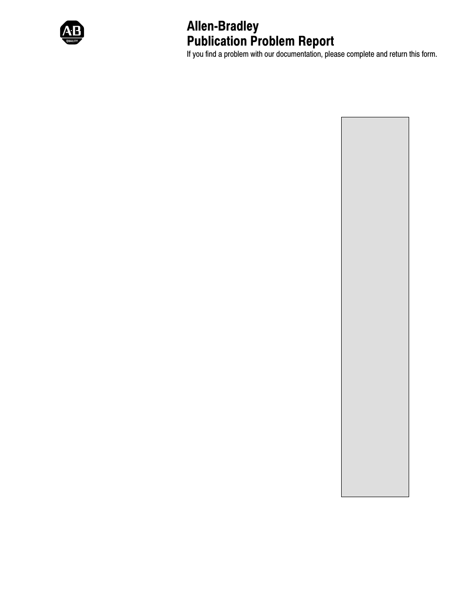Problem report, Allenćbradley publication problem report | Rockwell Automation 1794-IE4XOE2,1794-IE8,1794-OE4,D17946.5.2 FLEX I/O ANALOG MODULE User Manual | Page 69 / 73