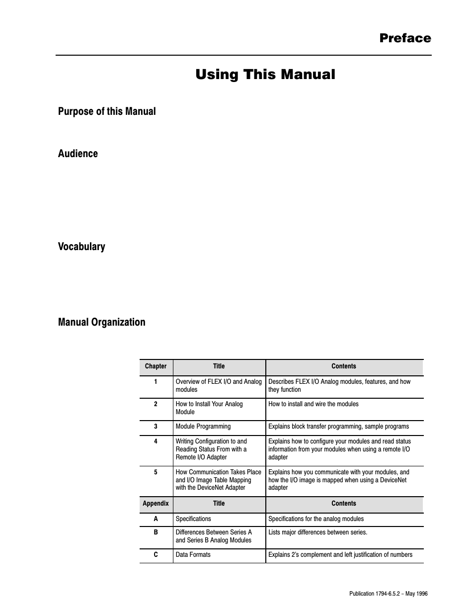 Preface, Purpose of this manual, Audience | Vocabulary, Manual organization, Using this manual | Rockwell Automation 1794-IE4XOE2,1794-IE8,1794-OE4,D17946.5.2 FLEX I/O ANALOG MODULE User Manual | Page 8 / 73