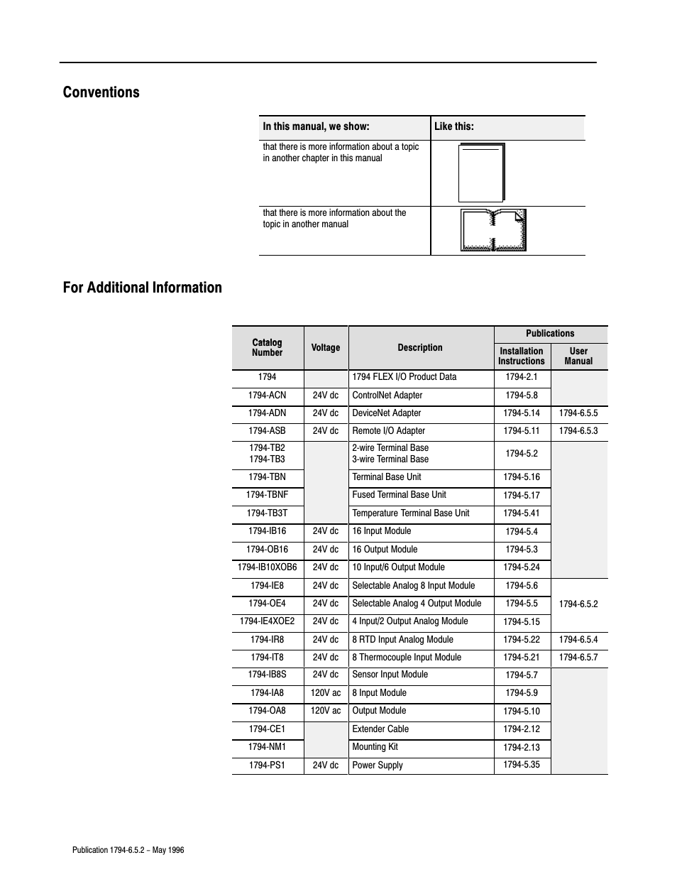 Conventions, For additional information, Conventions for additional information | More | Rockwell Automation 1794-IE4XOE2,1794-IE8,1794-OE4,D17946.5.2 FLEX I/O ANALOG MODULE User Manual | Page 9 / 73