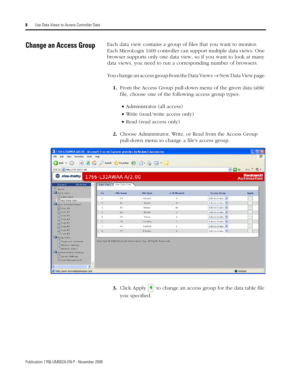 Change an access group | Rockwell Automation 1766-L32xxx MicroLogix 1400 Programmable Controllers Web Server User Manual User Manual | Page 10 / 48