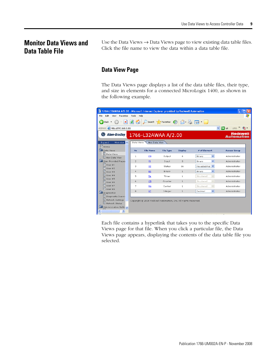 Monitor data views and data table file, Data view page | Rockwell Automation 1766-L32xxx MicroLogix 1400 Programmable Controllers Web Server User Manual User Manual | Page 11 / 48