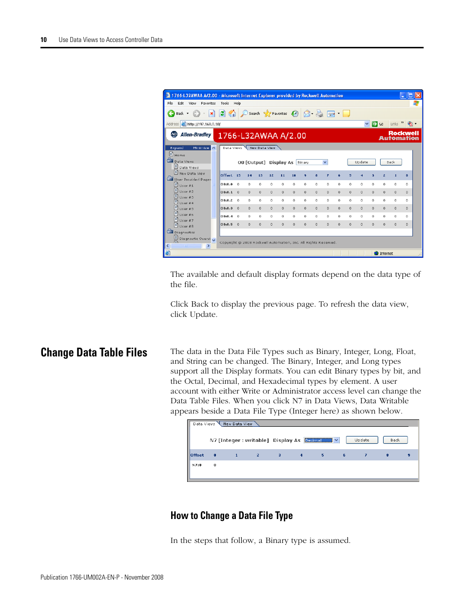 Change data table files, How to change a data file type | Rockwell Automation 1766-L32xxx MicroLogix 1400 Programmable Controllers Web Server User Manual User Manual | Page 12 / 48