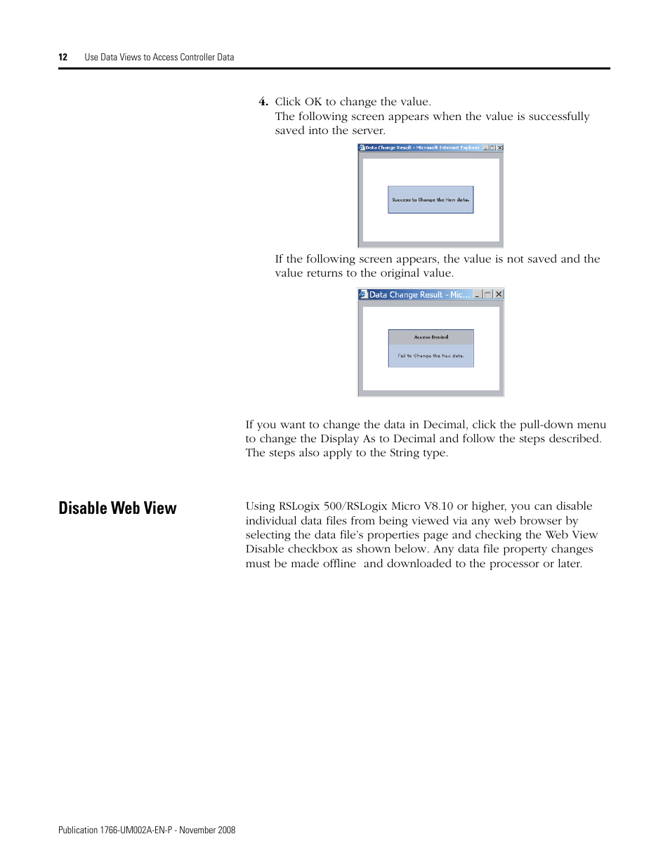 Disable web view | Rockwell Automation 1766-L32xxx MicroLogix 1400 Programmable Controllers Web Server User Manual User Manual | Page 14 / 48