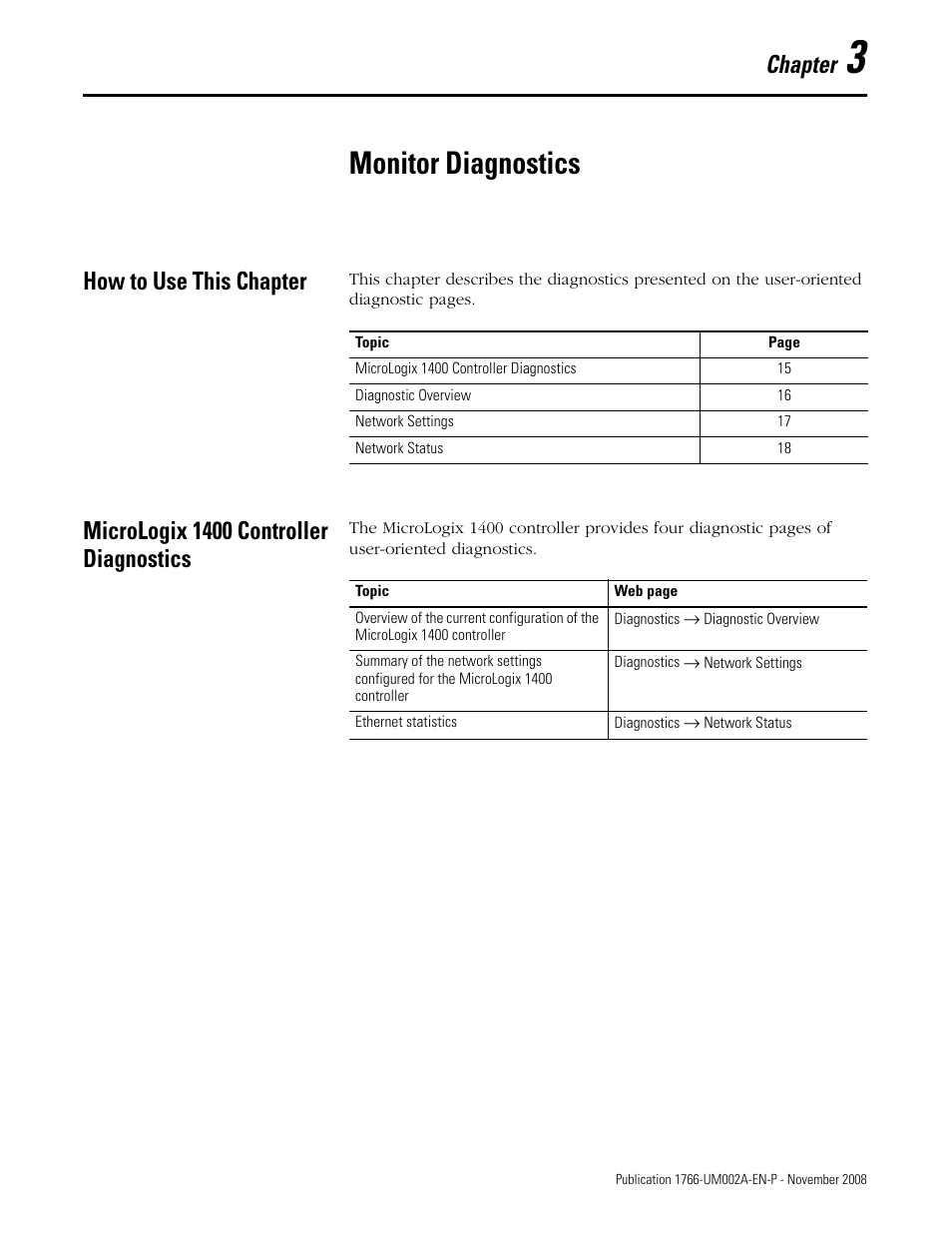 Monitor diagnostics, How to use this chapter, Micrologix 1400 controller diagnostics | Chapter 3, Chapter | Rockwell Automation 1766-L32xxx MicroLogix 1400 Programmable Controllers Web Server User Manual User Manual | Page 17 / 48