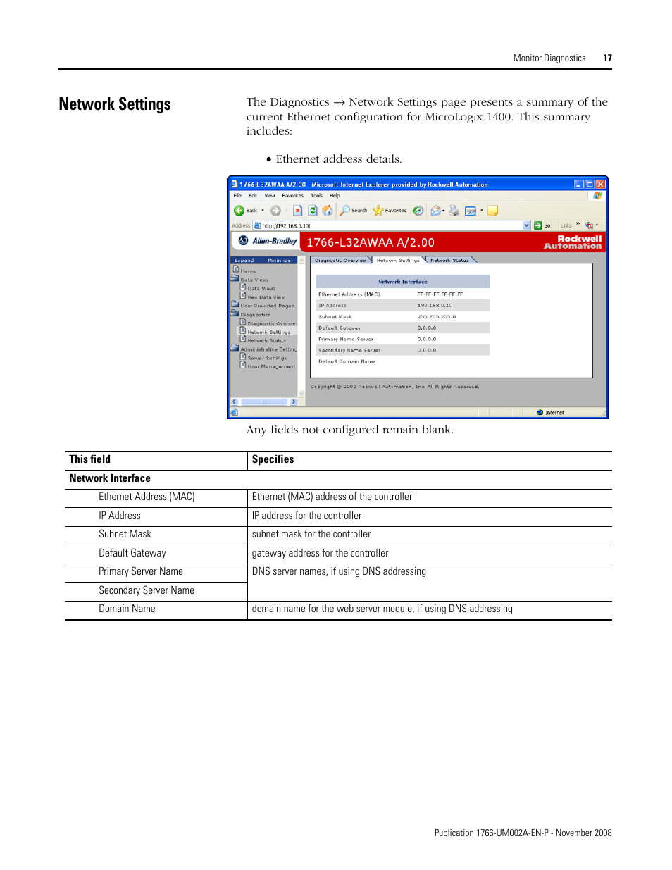 Network settings | Rockwell Automation 1766-L32xxx MicroLogix 1400 Programmable Controllers Web Server User Manual User Manual | Page 19 / 48