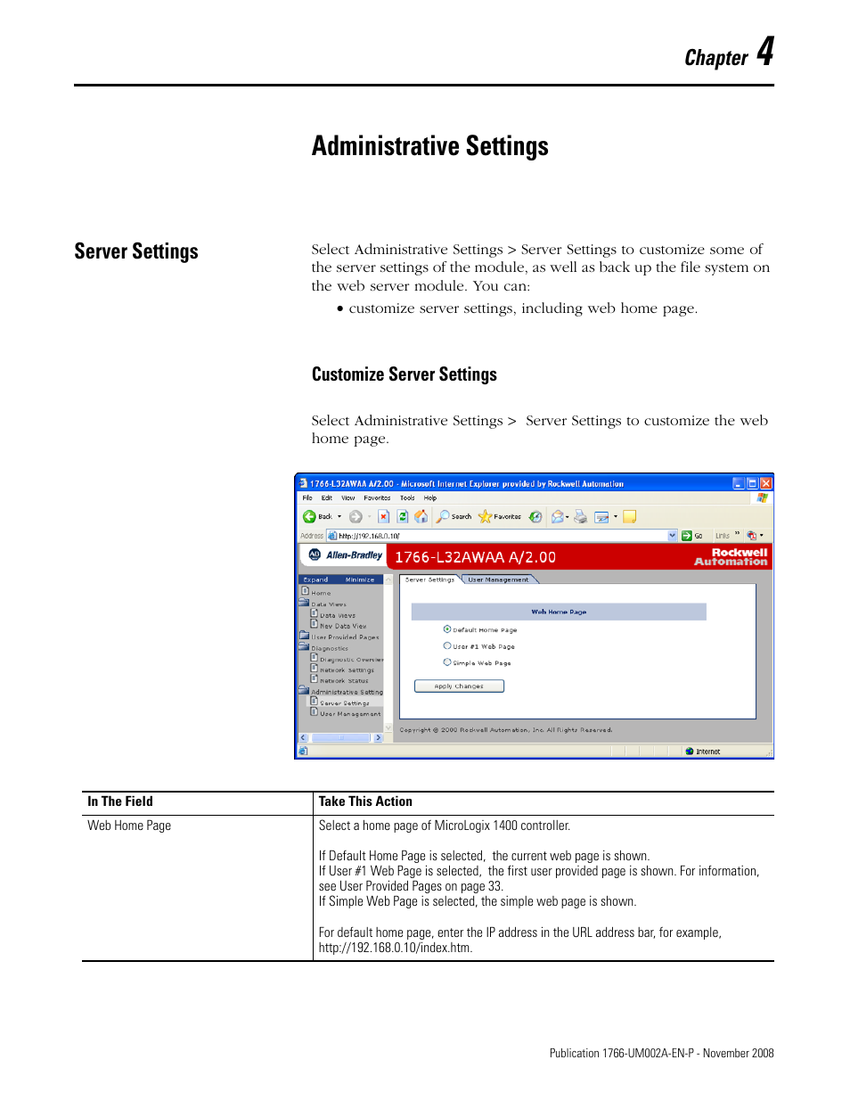 Administrative settings, Server settings, Customize server settings | Chapter 4, Chapter | Rockwell Automation 1766-L32xxx MicroLogix 1400 Programmable Controllers Web Server User Manual User Manual | Page 23 / 48