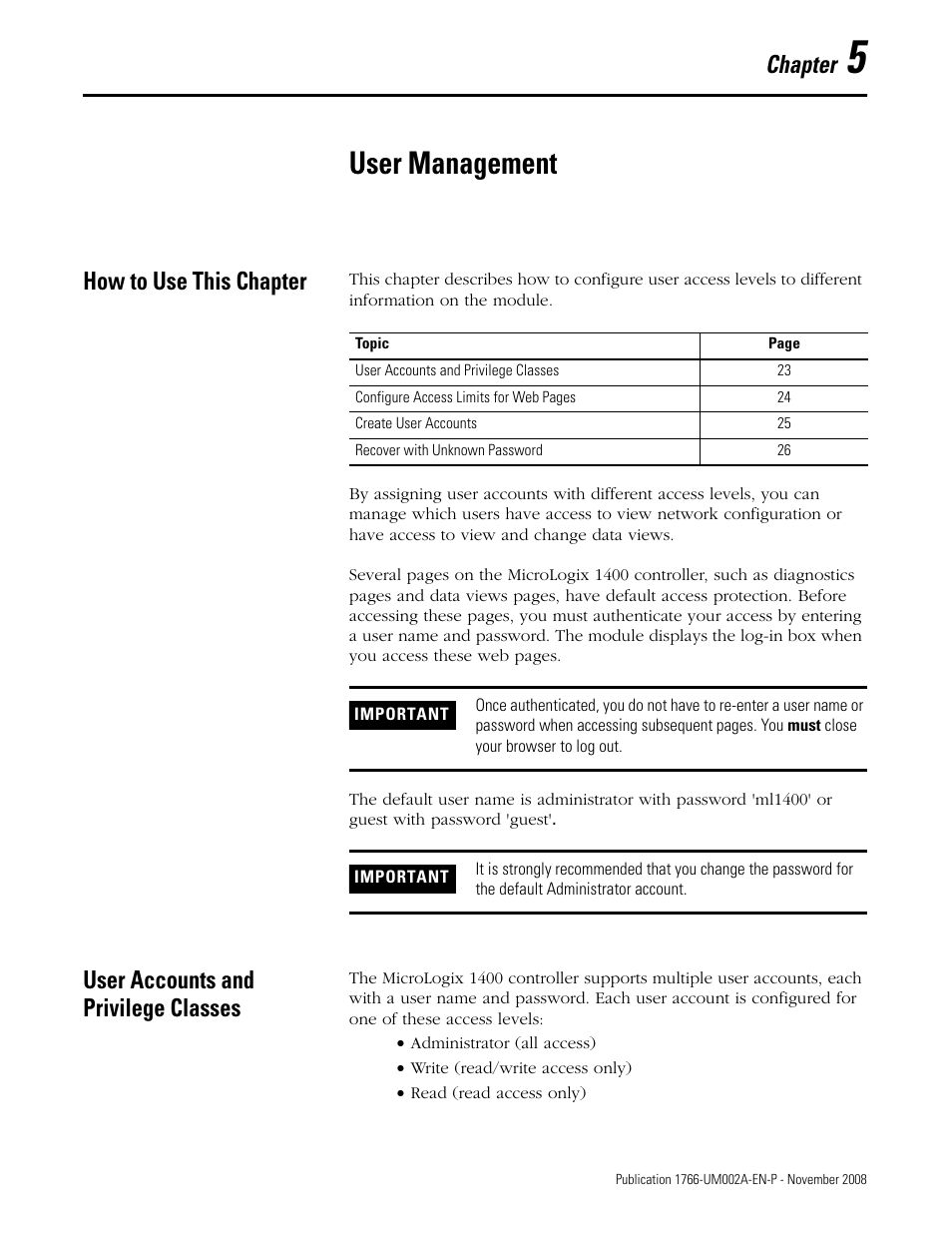 User management, How to use this chapter, User accounts and privilege classes | Chapter 5, Chapter | Rockwell Automation 1766-L32xxx MicroLogix 1400 Programmable Controllers Web Server User Manual User Manual | Page 25 / 48