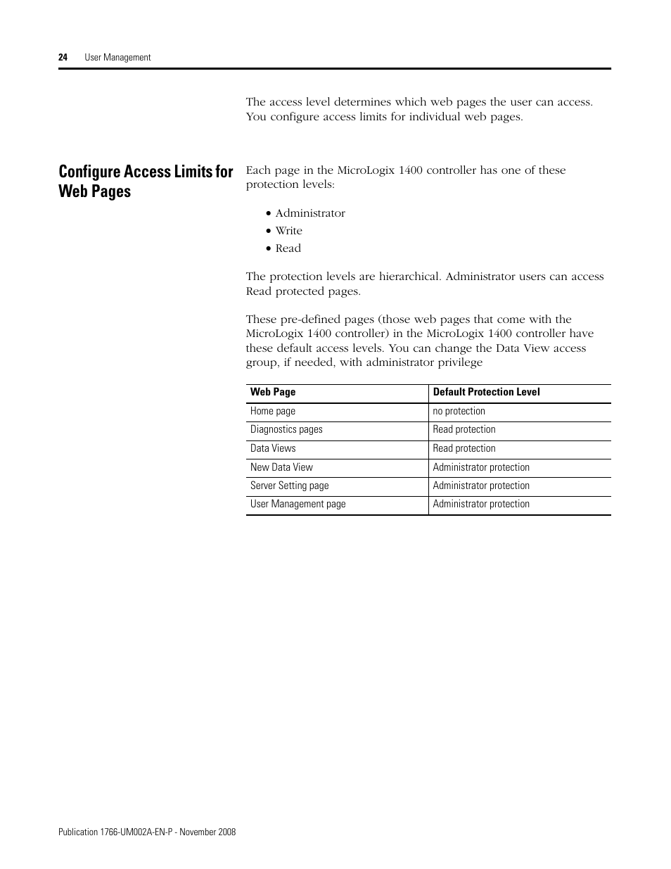 Configure access limits for web pages | Rockwell Automation 1766-L32xxx MicroLogix 1400 Programmable Controllers Web Server User Manual User Manual | Page 26 / 48