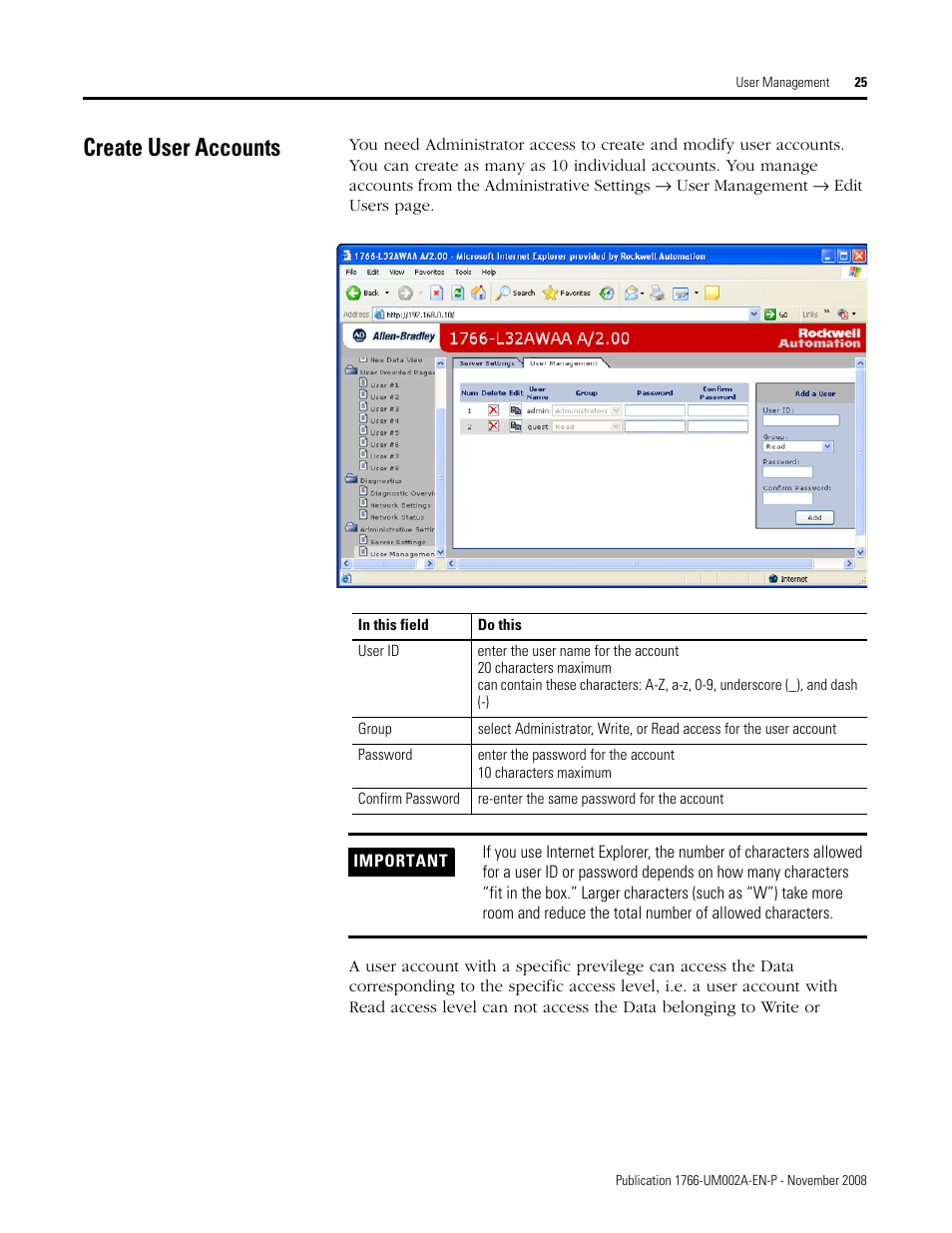 Create user accounts | Rockwell Automation 1766-L32xxx MicroLogix 1400 Programmable Controllers Web Server User Manual User Manual | Page 27 / 48