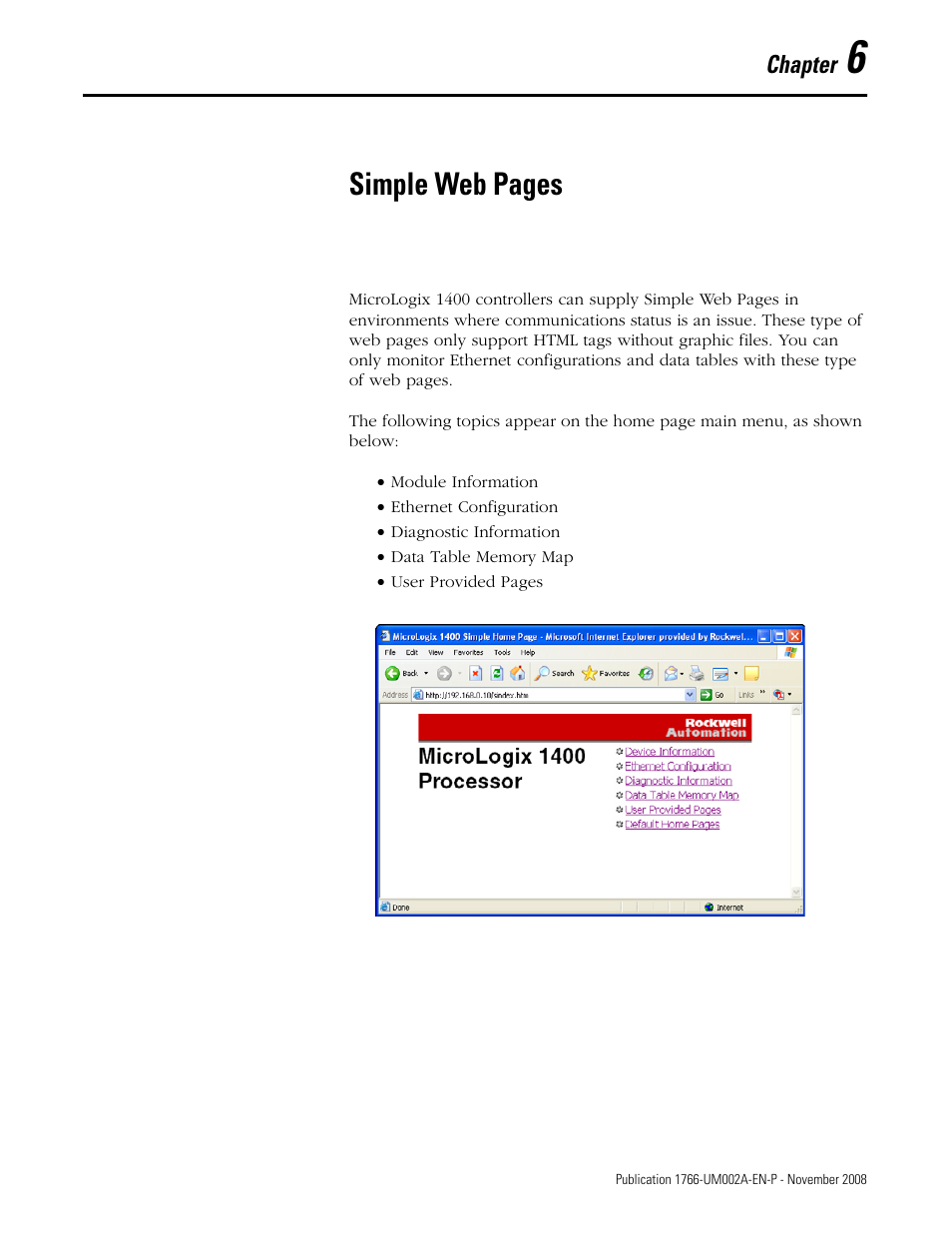 Chapter 6, Simple web pages, Chapter | Rockwell Automation 1766-L32xxx MicroLogix 1400 Programmable Controllers Web Server User Manual User Manual | Page 29 / 48