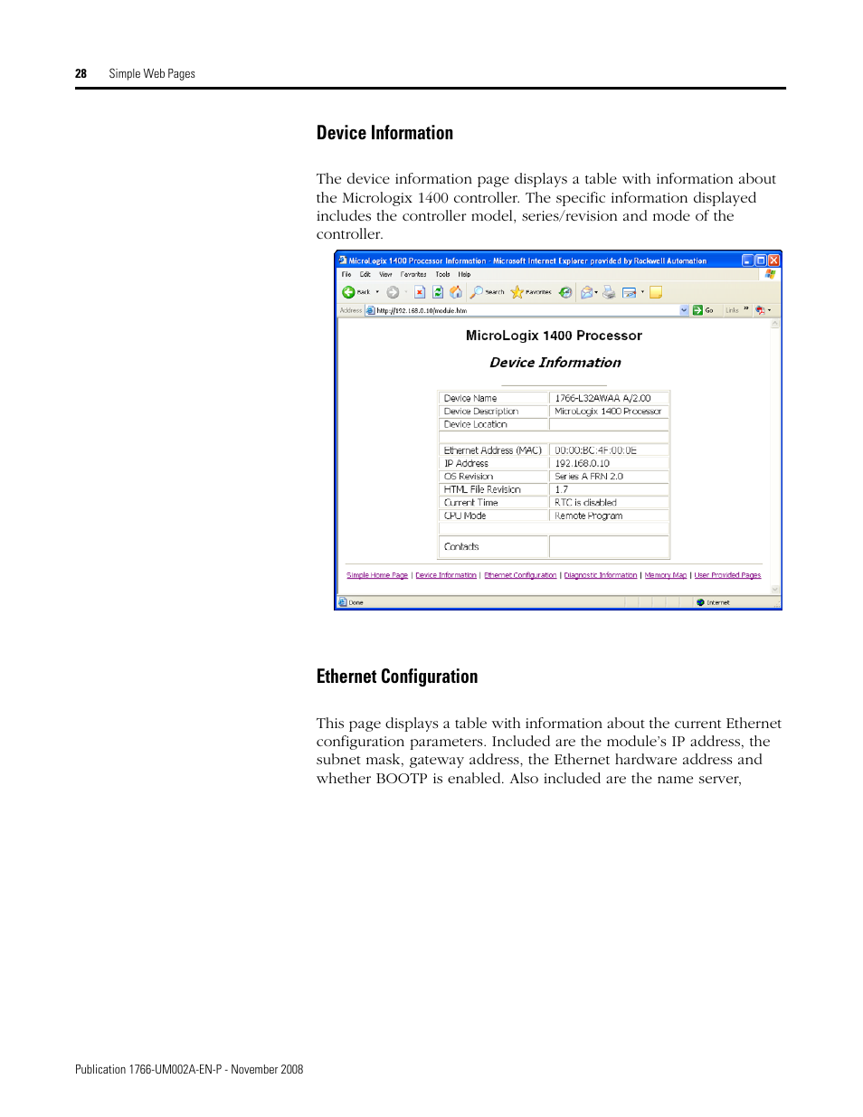 Device information, Ethernet configuration, Device information ethernet configuration | Rockwell Automation 1766-L32xxx MicroLogix 1400 Programmable Controllers Web Server User Manual User Manual | Page 30 / 48