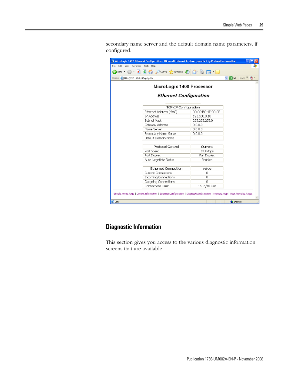 Diagnostic information | Rockwell Automation 1766-L32xxx MicroLogix 1400 Programmable Controllers Web Server User Manual User Manual | Page 31 / 48