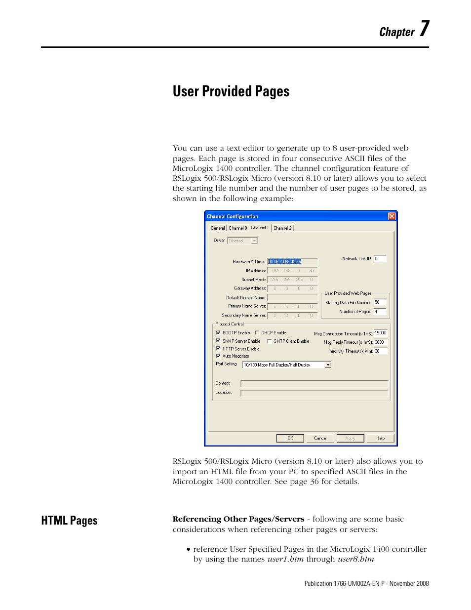 Chapter 7, User provided pages | Rockwell Automation 1766-L32xxx MicroLogix 1400 Programmable Controllers Web Server User Manual User Manual | Page 35 / 48