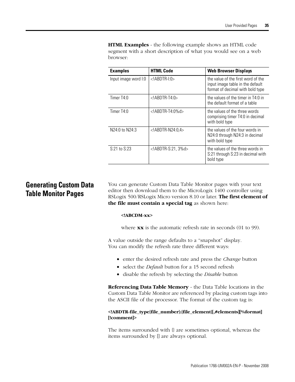 Generating custom data table monitor pages | Rockwell Automation 1766-L32xxx MicroLogix 1400 Programmable Controllers Web Server User Manual User Manual | Page 37 / 48