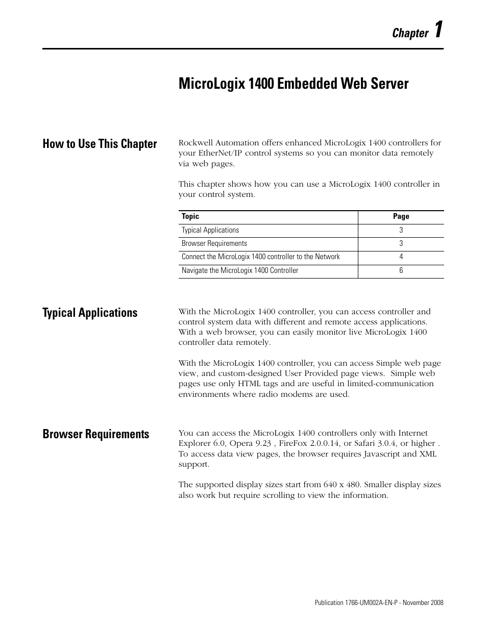 Micrologix 1400 embedded web server, How to use this chapter, Typical applications | Browser requirements, Chapter 1, Chapter | Rockwell Automation 1766-L32xxx MicroLogix 1400 Programmable Controllers Web Server User Manual User Manual | Page 5 / 48