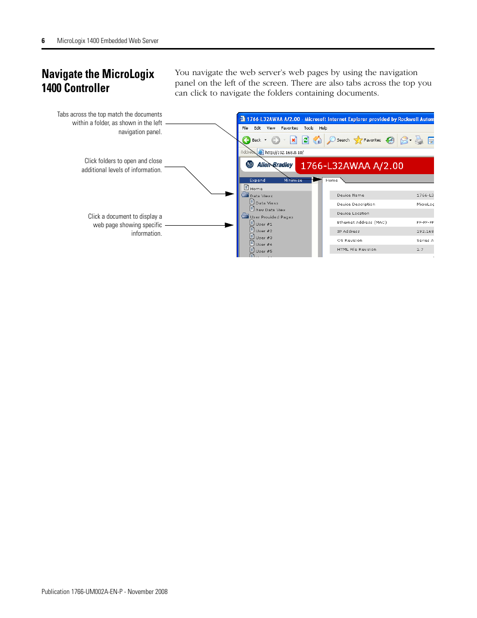Navigate the micrologix 1400 controller | Rockwell Automation 1766-L32xxx MicroLogix 1400 Programmable Controllers Web Server User Manual User Manual | Page 8 / 48