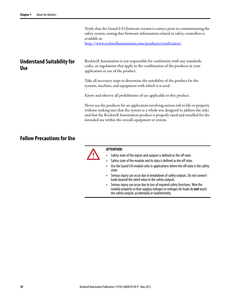 Understand suitability for use, Follow precautions for use | Rockwell Automation 1791ES-IB16 Guard I/O EtherNet/IP Safety Modules User Manual | Page 10 / 100