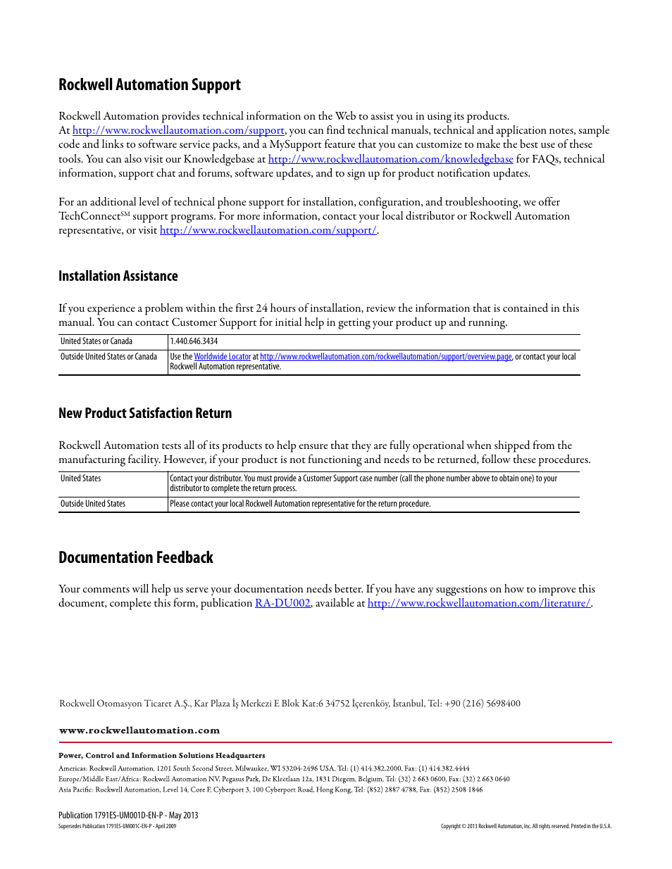 Back cover, Rockwell automation support, Documentation feedback | Installation assistance, New product satisfaction return | Rockwell Automation 1791ES-IB16 Guard I/O EtherNet/IP Safety Modules User Manual | Page 100 / 100