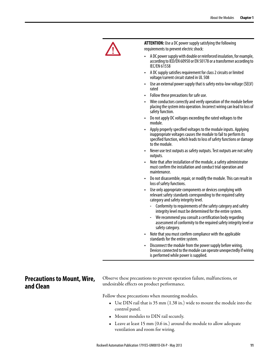 Precautions to mount, wire, and clean | Rockwell Automation 1791ES-IB16 Guard I/O EtherNet/IP Safety Modules User Manual | Page 11 / 100