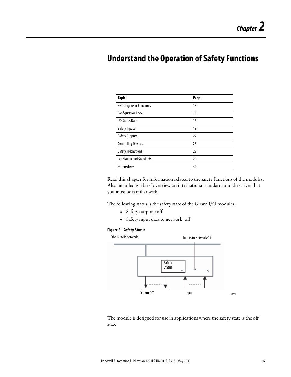 2 - understand the operation of safety functions, Chapter 2, Understand the operation of safety functions | Chapter | Rockwell Automation 1791ES-IB16 Guard I/O EtherNet/IP Safety Modules User Manual | Page 17 / 100