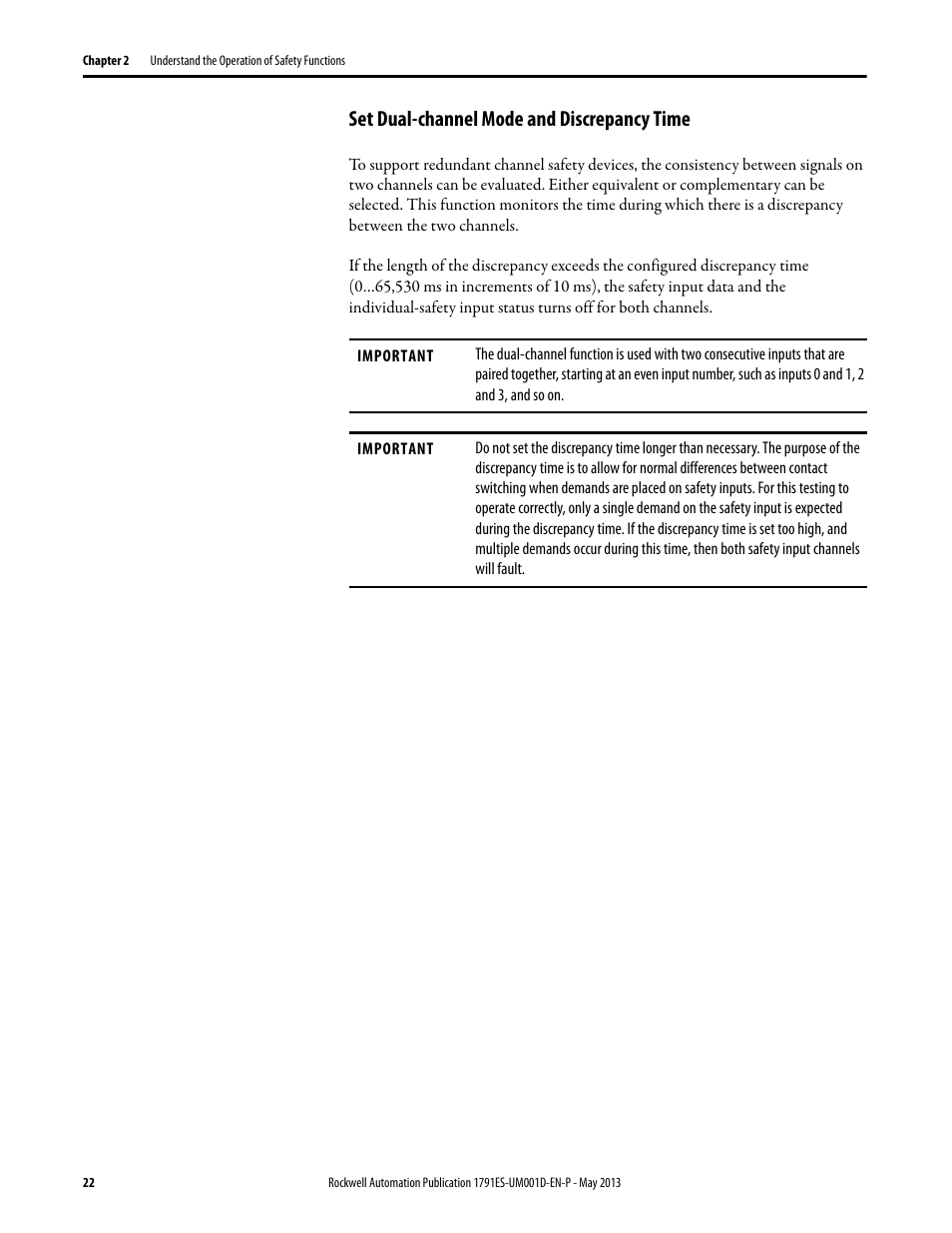 Set dual-channel mode and discrepancy time | Rockwell Automation 1791ES-IB16 Guard I/O EtherNet/IP Safety Modules User Manual | Page 22 / 100