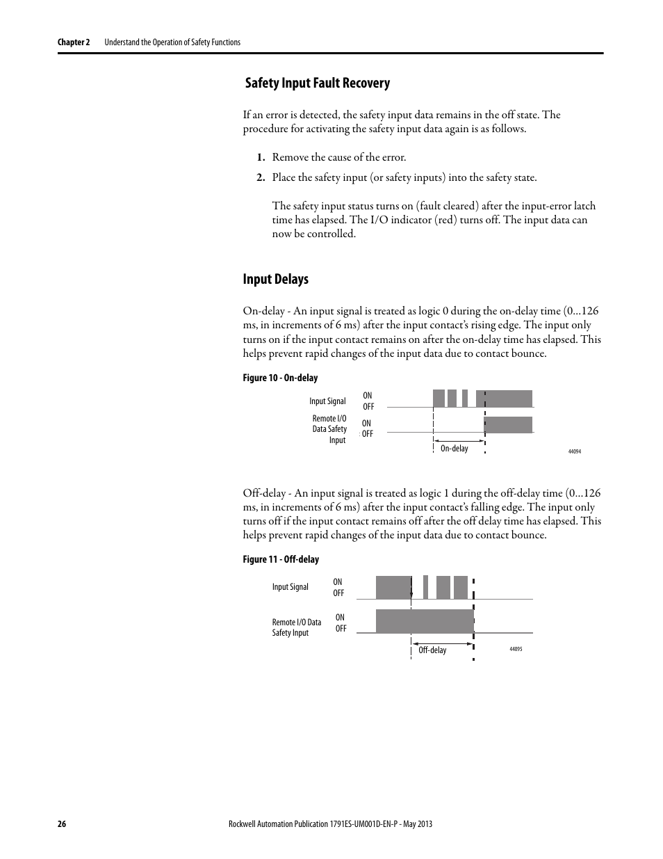 Safety input fault recovery, Input delays, Safety input fault recovery input delays | Rockwell Automation 1791ES-IB16 Guard I/O EtherNet/IP Safety Modules User Manual | Page 26 / 100