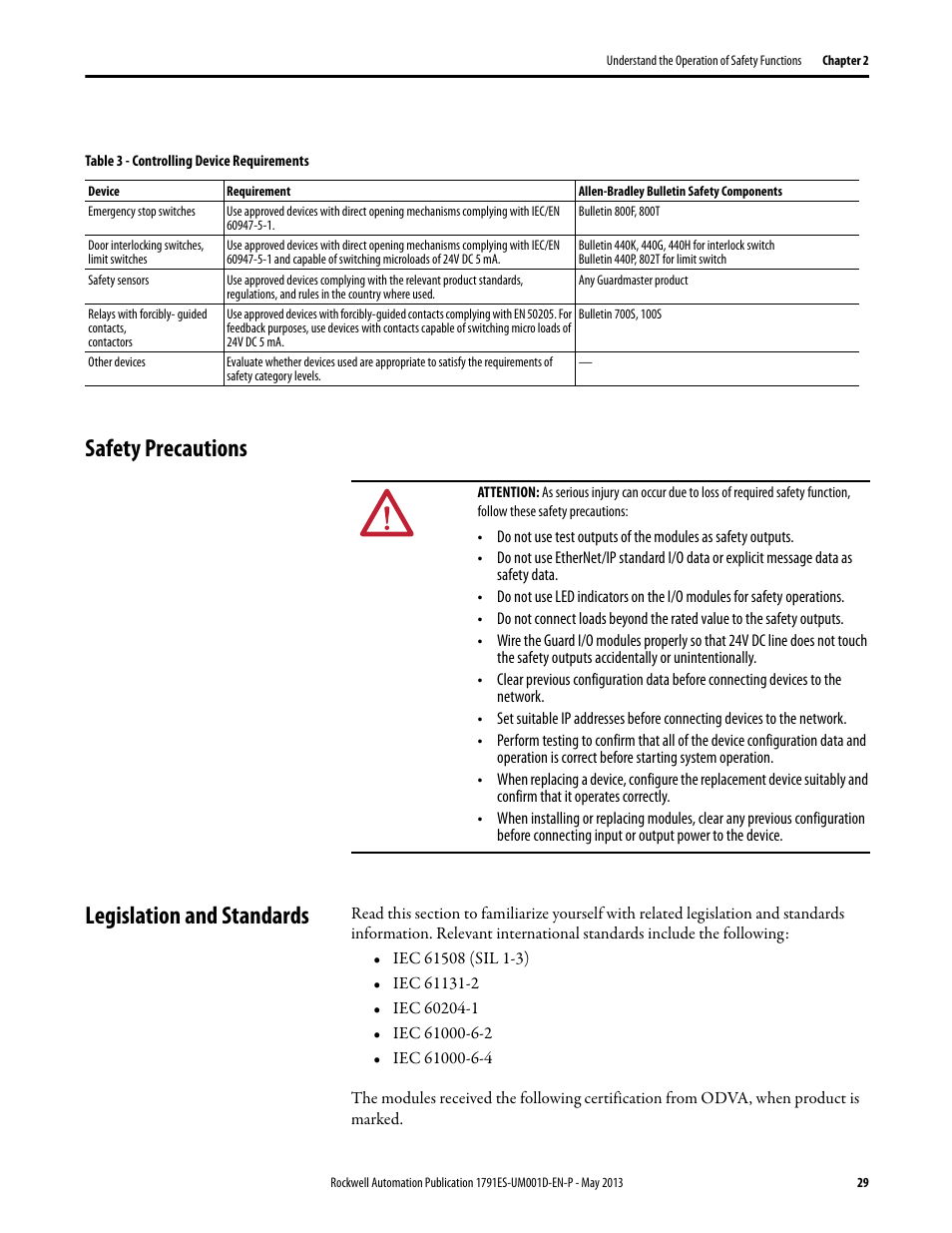 Safety precautions, Legislation and standards, Safety precautions legislation and standards | Rockwell Automation 1791ES-IB16 Guard I/O EtherNet/IP Safety Modules User Manual | Page 29 / 100