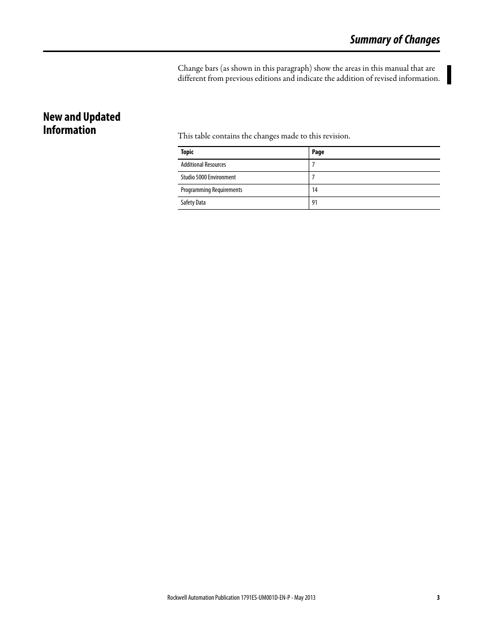 Summary of changes, New and updated information | Rockwell Automation 1791ES-IB16 Guard I/O EtherNet/IP Safety Modules User Manual | Page 3 / 100