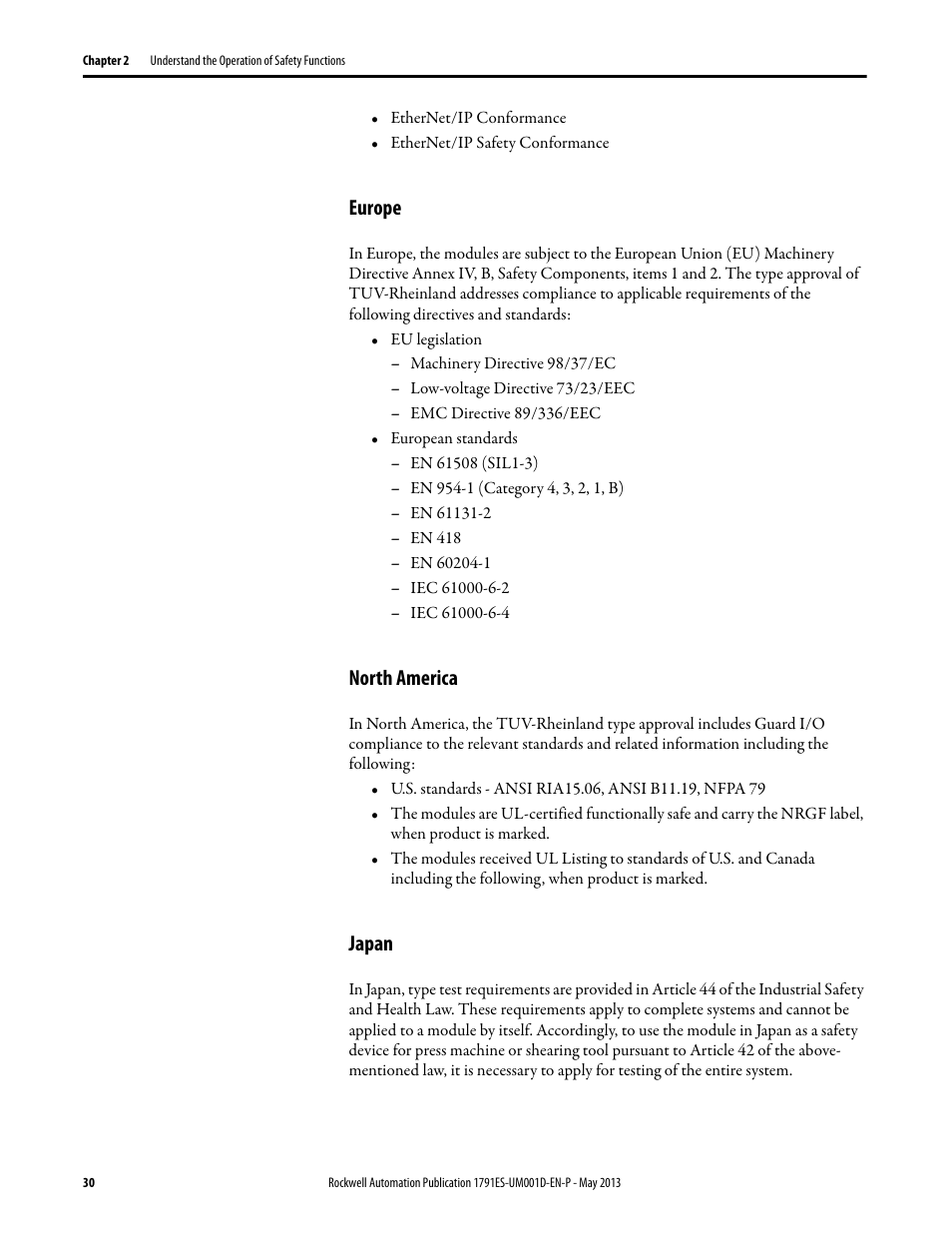 Europe, North america, Japan | Europe north america japan | Rockwell Automation 1791ES-IB16 Guard I/O EtherNet/IP Safety Modules User Manual | Page 30 / 100