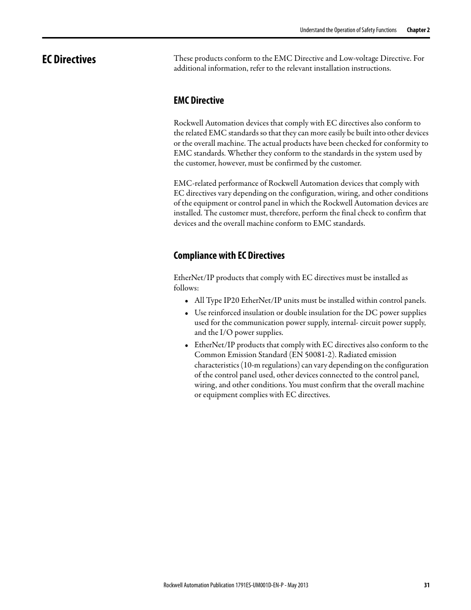 Ec directives, Emc directive, Compliance with ec directives | Emc directive compliance with ec directives | Rockwell Automation 1791ES-IB16 Guard I/O EtherNet/IP Safety Modules User Manual | Page 31 / 100