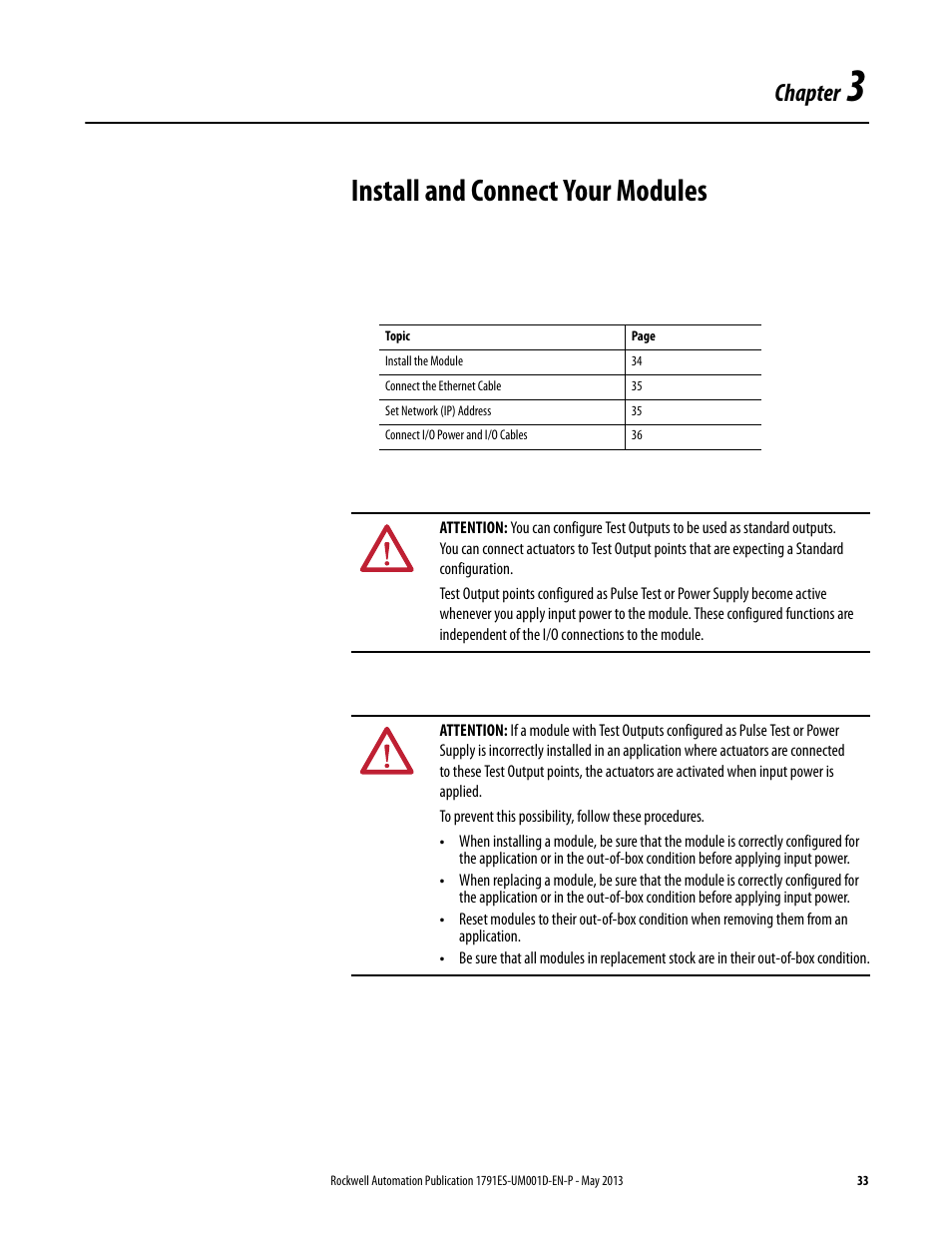 3 - install and connect your modules, Chapter 3, Install and connect your modules | Chapter | Rockwell Automation 1791ES-IB16 Guard I/O EtherNet/IP Safety Modules User Manual | Page 33 / 100