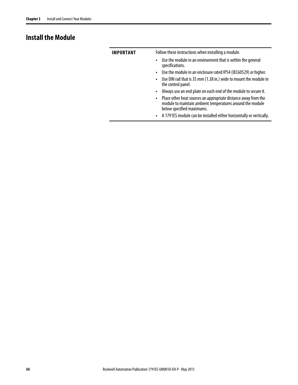 Install the module | Rockwell Automation 1791ES-IB16 Guard I/O EtherNet/IP Safety Modules User Manual | Page 34 / 100
